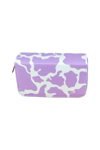 Pencil Box Cow Lilac Vegan Leather Three Compartment (pencil case)-Cow Lilac White - ONESIZE (1)