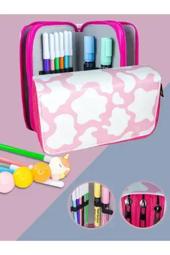 Pencil Box Cow Pattern Candy-Pink Organizer Vegan Leather Three Compartments (pencil case)-3 Candy - 1