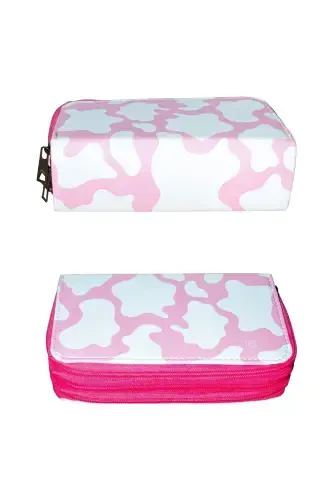 Pencil Box Cow Pattern Candy-Pink Organizer Vegan Leather Three Compartments (pencil case)-3 Candy - 3