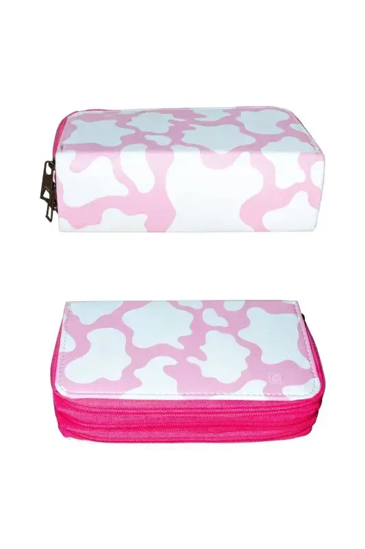 Pencil Box Cow Pattern Candy-Pink Organizer Vegan Leather Three Compartments (pencil case)-3 Candy - 3