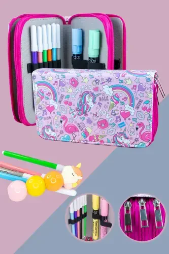 Pencil Box Princess Unicorn Vegan Leather Three Compartment (pencil case)-Princess Unicorn Pink Zipper - 1