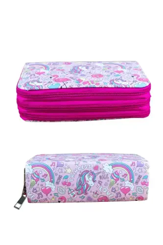Pencil Box Princess Unicorn Vegan Leather Three Compartment (pencil case)-Princess Unicorn Pink Zipper - 3