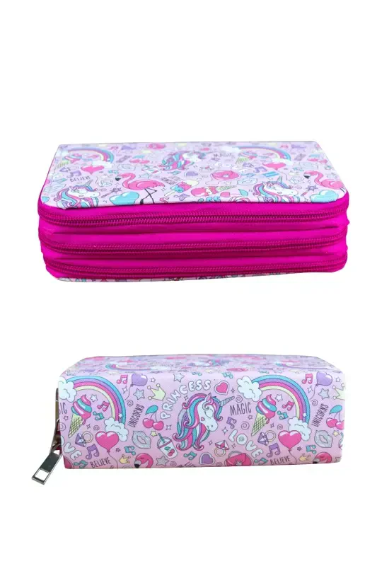 Pencil Box Princess Unicorn Vegan Leather Three Compartment (pencil case)-Princess Unicorn Pink Zipper - 3