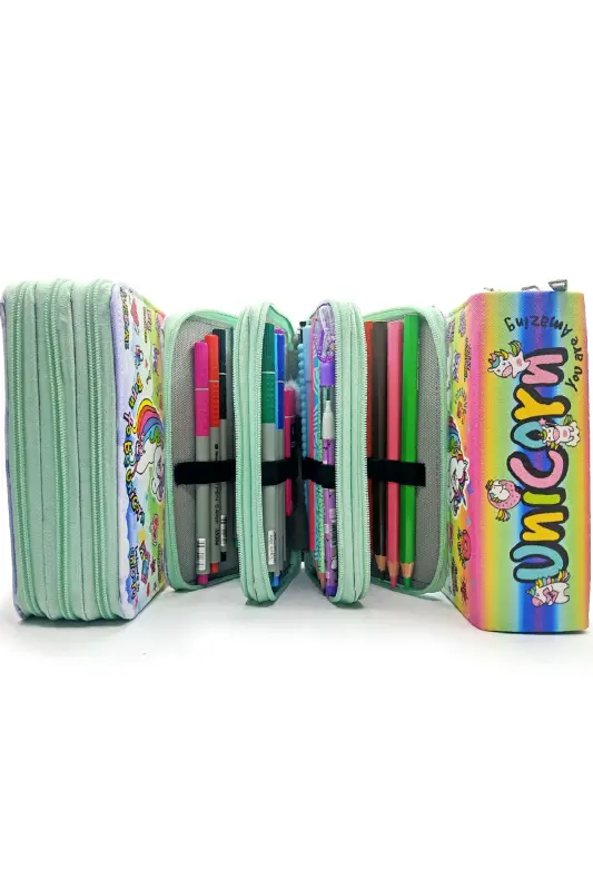 Pencil Box Unicorn Cool Style Kawaii Organizer Pencil Case Vegan Leather Three Compartment Pencil Holder - Green-Green Unicorn - 5