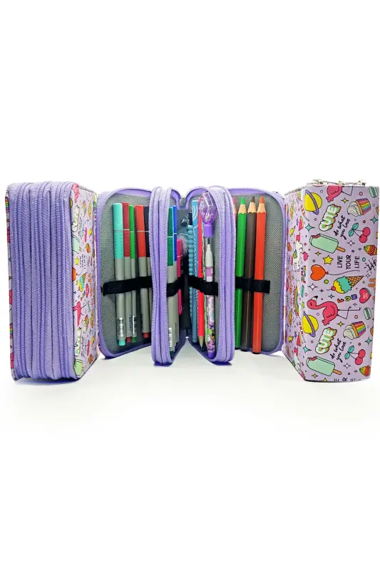 Pencil Box Unicorn-flamingo Kawaii Organizer Pencil Case Vegan Leather Three Compartment Pencil Case -purple-Colorful11 - 5