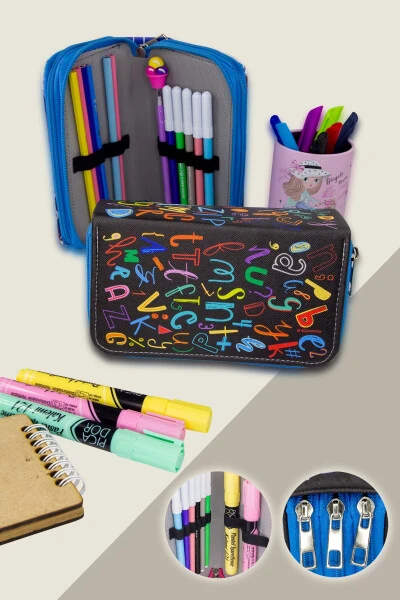 Pencil Case Alphabet Kawaii Pattern Organizer Three Compartments (pencil holder) - SIZE