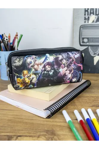 Pencil Case Anime Slayer Themed Two Compartment Vegan Leather (Double Eyed Pencil Case)-2pcs Anime Demon Slayer 