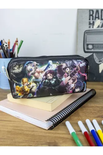 Pencil Case Anime Slayer Themed Two Compartment Vegan Leather (Double Eyed Pencil Case)-2pcs Anime Demon Slayer - 2