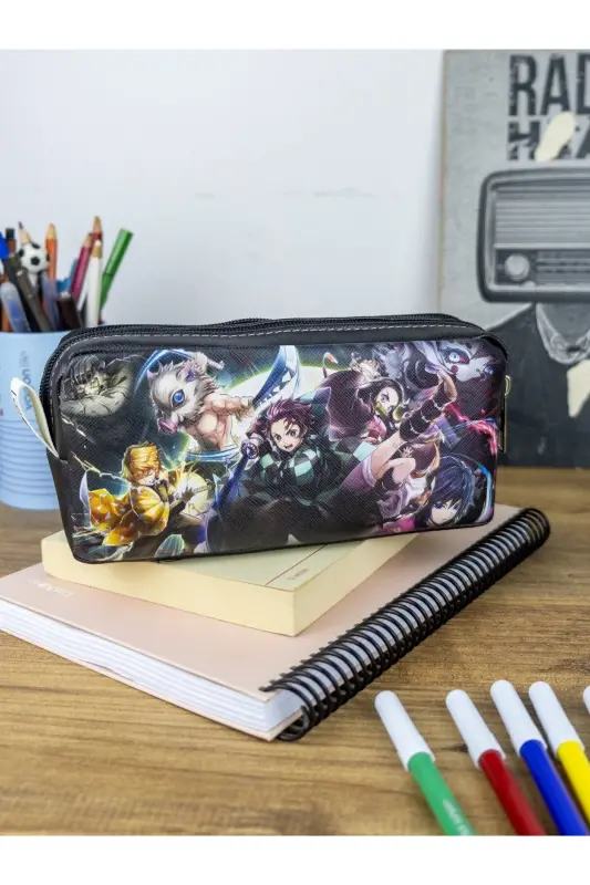 Pencil Case Anime Slayer Themed Two Compartment Vegan Leather (Double Eyed Pencil Case)-2pcs Anime Demon Slayer - 2