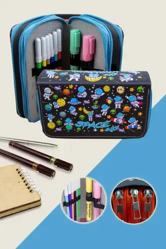 Pencil Case Astronaut Kawaii Pattern Organizer Three Compartment (Pencil Holder)-Astronaut Blue - 1