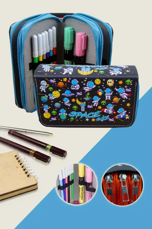 Pencil Case Astronaut Kawaii Pattern Organizer Three Compartment (Pencil Holder)-Astronaut Blue - SIZE