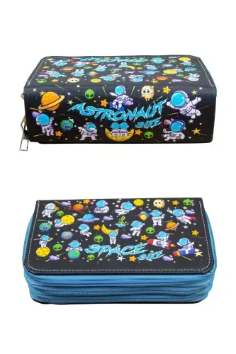 Pencil Case Astronaut Kawaii Pattern Organizer Three Compartment (Pencil Holder)-Astronaut Blue - 3