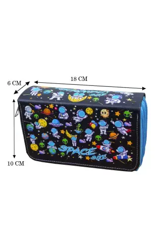 Pencil Case Astronaut Kawaii Pattern Organizer Three Compartment (Pencil Holder)-Astronaut Blue - 4