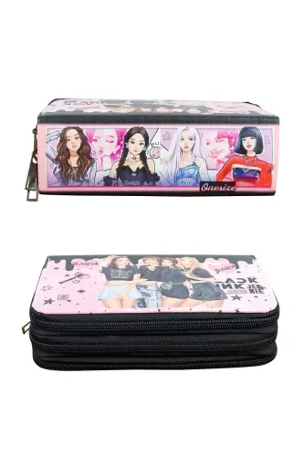 Pencil Case Black Pink Blink Vegan Leather Three Compartments (Pencil Box)-BlackPink Blink Black - 3
