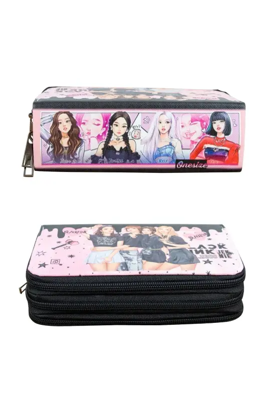 Pencil Case Black Pink Blink Vegan Leather Three Compartments (Pencil Box)-BlackPink Blink Black - 3