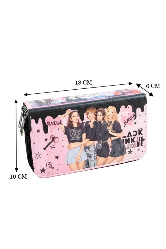 Pencil Case Black Pink Blink Vegan Leather Three Compartments (Pencil Box)-BlackPink Blink Black - 4