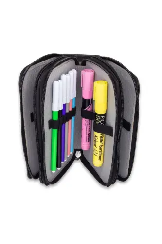 Pencil Case Black Pink Blink Vegan Leather Three Compartments (Pencil Box)-BlackPink Blink Black - 5