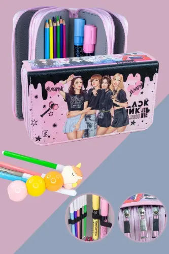 Pencil Case Black Pink Blink Vegan Leather Three Compartments (Pencil Case)-Black Pink Blink Pink 