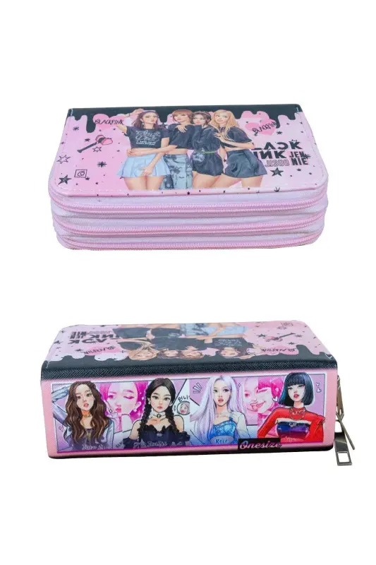Pencil Case Black Pink Blink Vegan Leather Three Compartments (Pencil Case)-Black Pink Blink Pink - 3