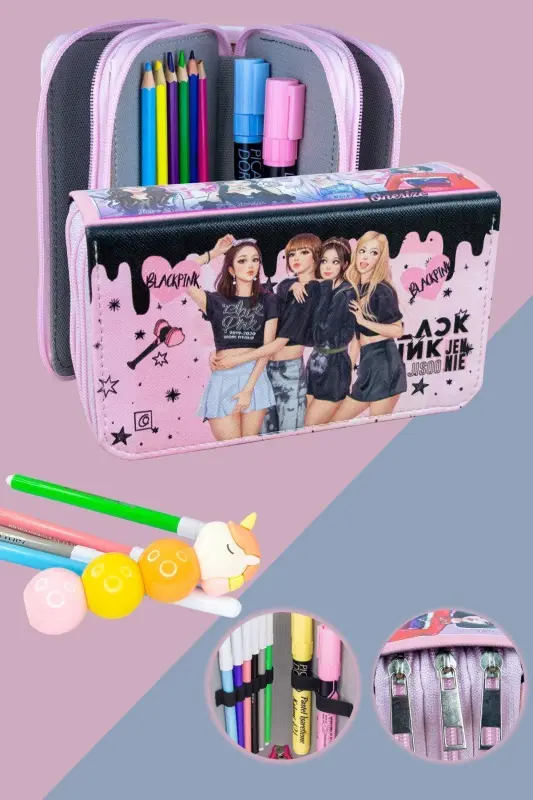 Pencil Case Black Pink Blink Vegan Leather Three Compartments (Pencil Case)-Black Pink Blink Pink - ONESIZE
