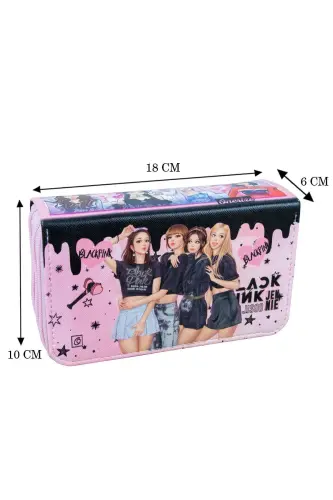 Pencil Case Black Pink Blink Vegan Leather Three Compartments (Pencil Case)-Black Pink Blink Pink - 4
