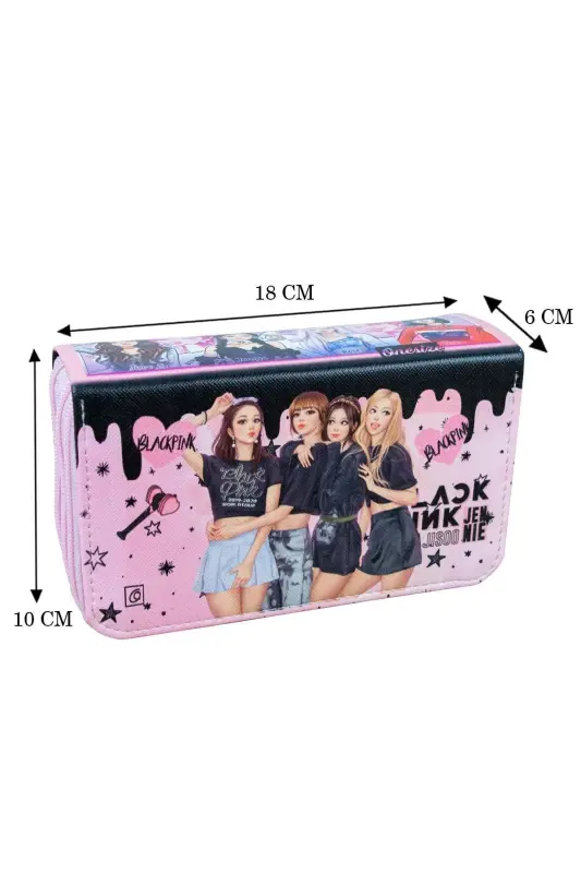 Pencil Case Black Pink Blink Vegan Leather Three Compartments (Pencil Case)-Black Pink Blink Pink - 4