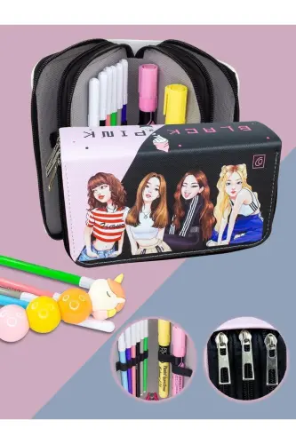 Pencil Case Black Pink Vegan Leather Three Compartments (Pencil Box)-Black Pink 