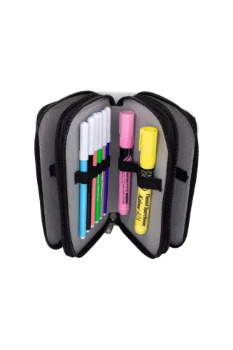 Pencil Case Black Pink Vegan Leather Three Compartments (Pencil Box)-Black Pink - 5