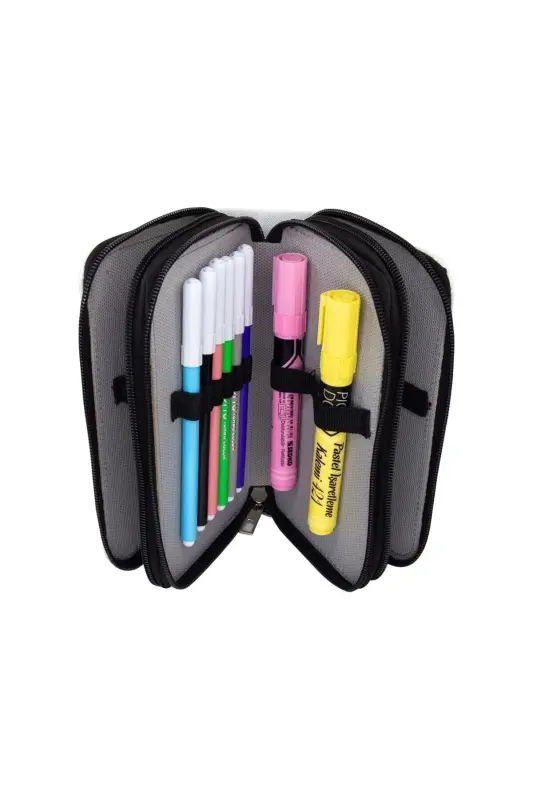 Pencil Case Black Pink Vegan Leather Three Compartments (Pencil Box)-Black Pink - 5