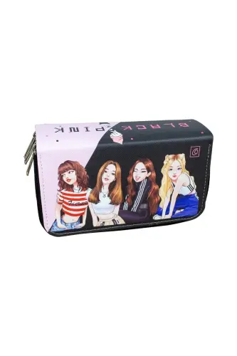 Pencil Case Black Pink Vegan Leather Three Compartments (Pencil Box)-Black Pink - ONESIZE (1)