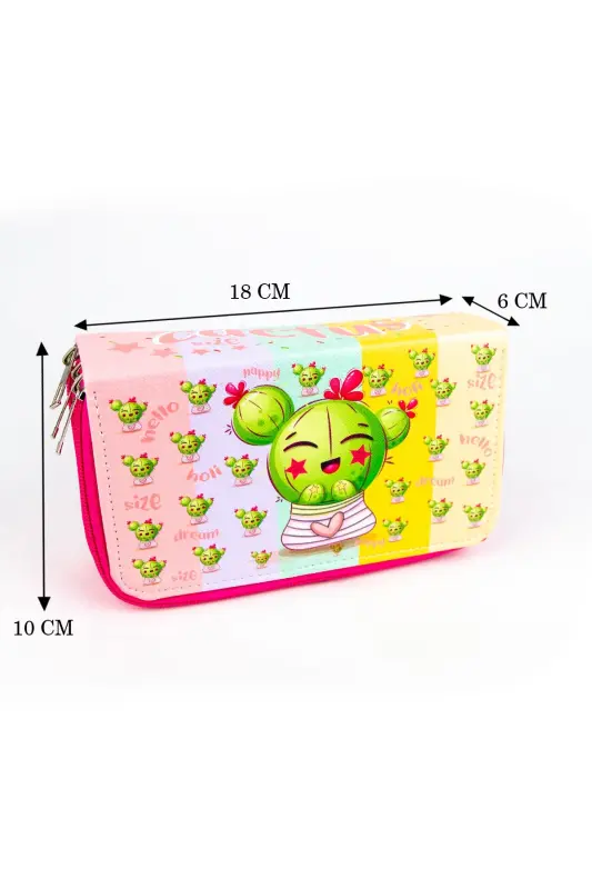 Pencil Case Cactus Kawaii Pattern Organizer Three-Compartment Pencil Holder - Cactus - 4
