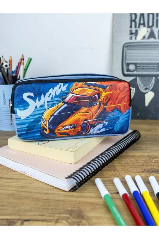 Pencil Case Cars Two Compartment Vegan Leather (Double Pocket Pencil Case)-2pcs Cars - ONESIZE