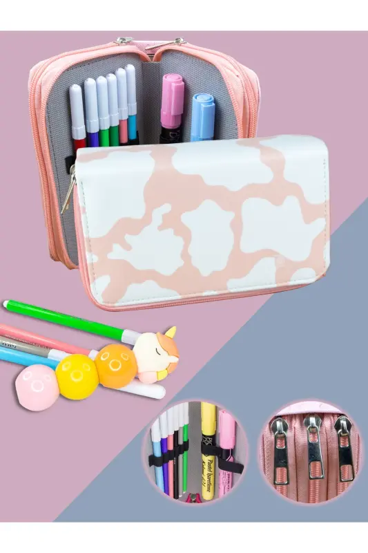 Pencil Case Cow Pattern Pink Vegan Leather Three Compartments (pencil case)-Cow Pattern Pink - ONESIZE