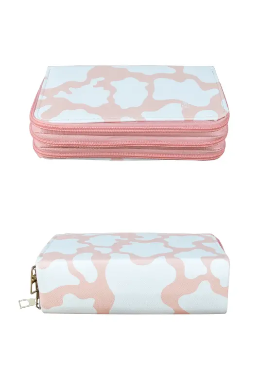 Pencil Case Cow Pattern Pink Vegan Leather Three Compartments (pencil case)-Cow Pattern Pink - 3