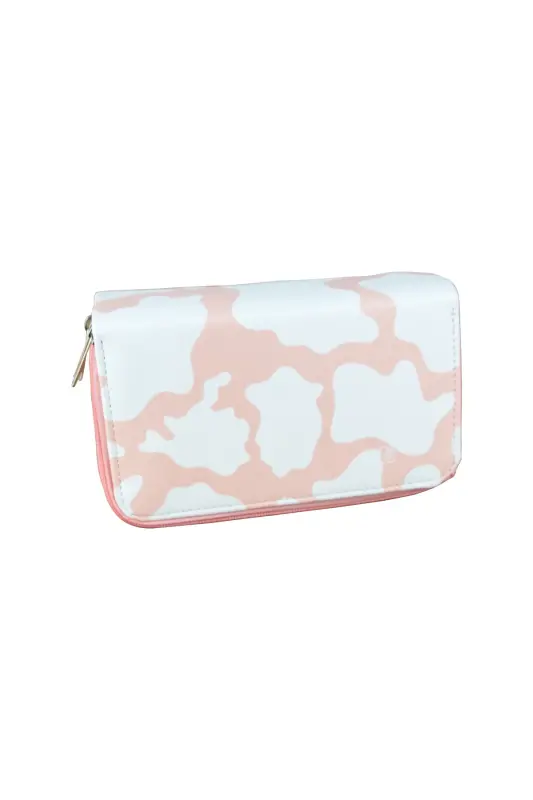 Pencil Case Cow Pattern Pink Vegan Leather Three Compartments (pencil case)-Cow Pattern Pink - 2