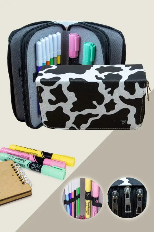 Pencil Case Cow Pattern Vegan Leather Three Compartments (Pencil Box)-Cow Black - 1