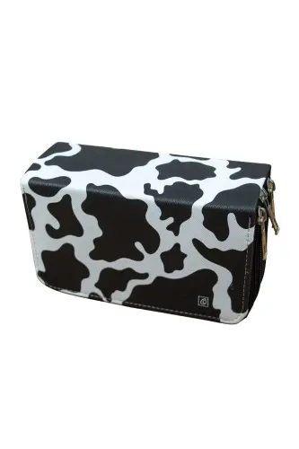 Pencil Case Cow Pattern Vegan Leather Three Compartments (Pencil Box)-Cow Black - 2