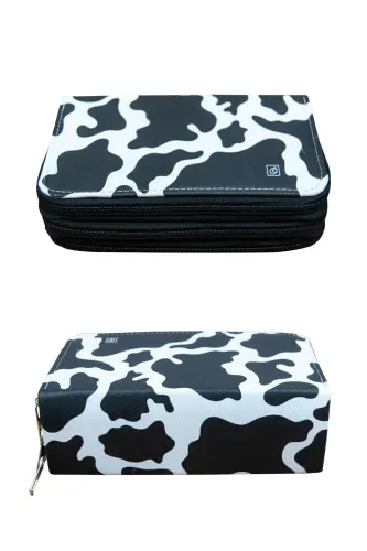 Pencil Case Cow Pattern Vegan Leather Three Compartments (Pencil Box)-Cow Black - 3