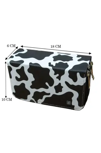 Pencil Case Cow Pattern Vegan Leather Three Compartments (Pencil Box)-Cow Black - 4