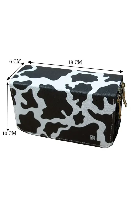 Pencil Case Cow Pattern Vegan Leather Three Compartments (Pencil Box)-Cow Black - 4