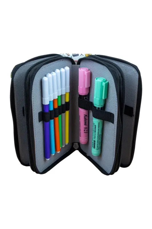 Pencil Case Cow Pattern Vegan Leather Three Compartments (Pencil Box)-Cow Black - 5