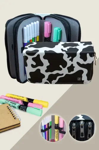 Pencil Case Cow Pattern Vegan Leather Three Compartments (Pencil Box)-Cow Black 