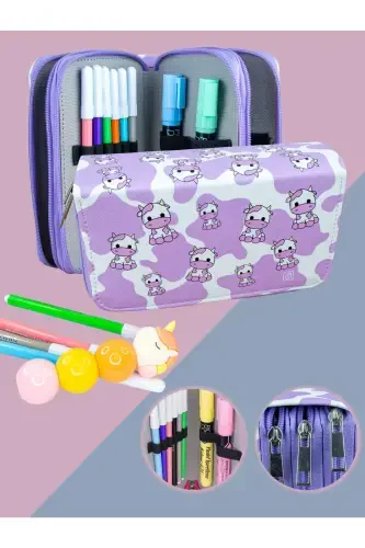 Pencil Case Cows Lilac Vegan Leather Three Compartments (PEN CASE)-Cows Lilac - 1