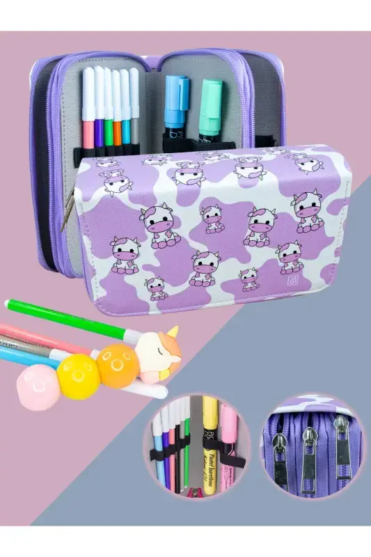 Pencil Case Cows Lilac Vegan Leather Three Compartments (PEN CASE)-Cows Lilac - ONESIZE