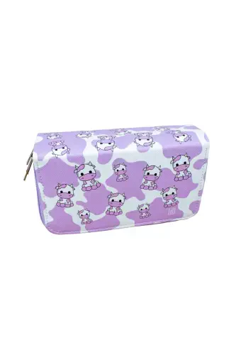 Pencil Case Cows Lilac Vegan Leather Three Compartments (PEN CASE)-Cows Lilac - ONESIZE (1)