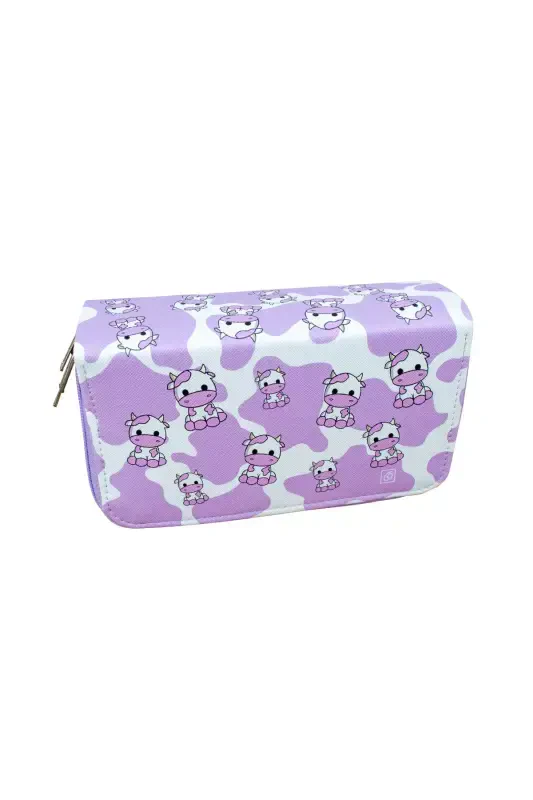 Pencil Case Cows Lilac Vegan Leather Three Compartments (PEN CASE)-Cows Lilac - 2