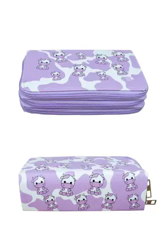 Pencil Case Cows Lilac Vegan Leather Three Compartments (PEN CASE)-Cows Lilac - 3