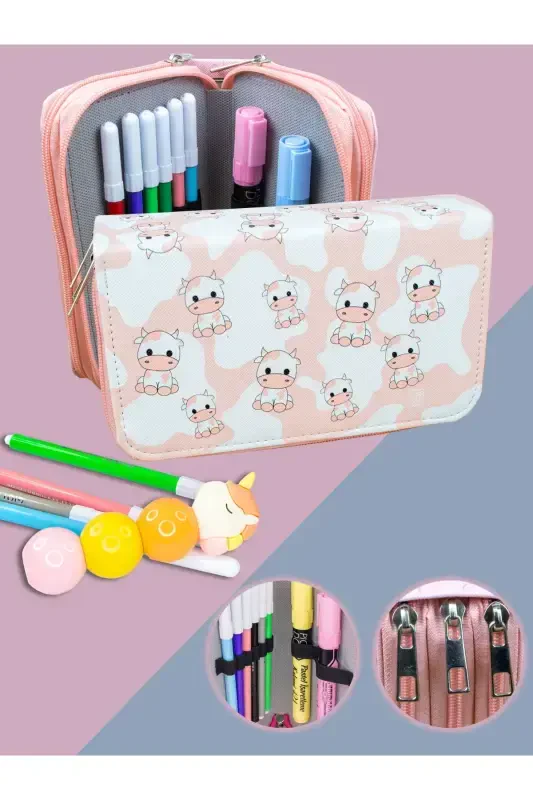 Pencil Case Cows Pink Vegan Leather Three Compartments (Pencil Box)-Cows Pink - 1