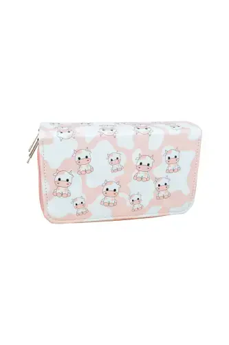 Pencil Case Cows Pink Vegan Leather Three Compartments (Pencil Box)-Cows Pink - ONESIZE (1)