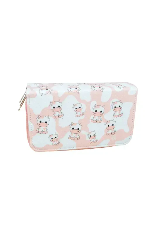 Pencil Case Cows Pink Vegan Leather Three Compartments (Pencil Box)-Cows Pink - 2